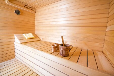 wooden interior of sauna wide angle shootの写真素材