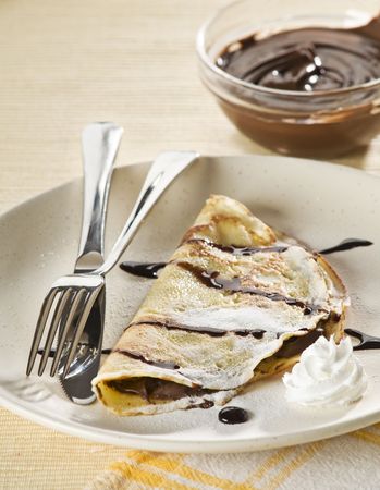 Fresh pancakes with chocolate close up shootの写真素材