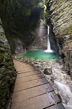 Fifteen meter high Kozjak waterfall in Sloveniaの写真素材