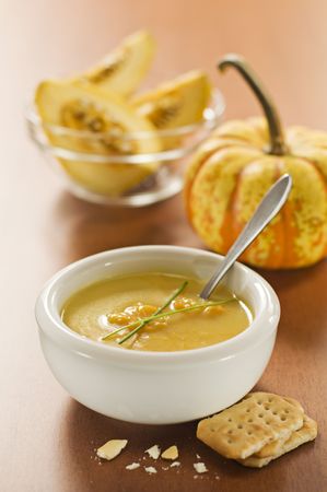 Fresh orange pumpkin soup close up shootの写真素材