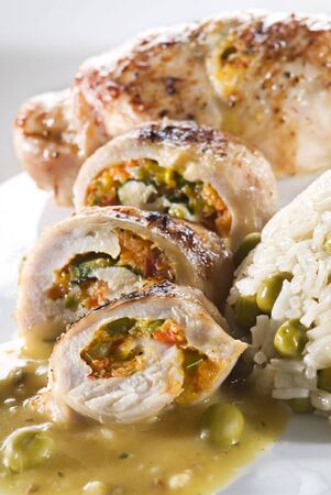 Stuffed chicken rolls with rice close up shootの写真素材