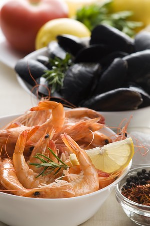 Whole fresh cooked prawns and shells close up shootの写真素材