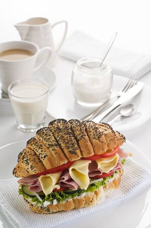 Fresh sandwich with ham, cheese and tomato close upの写真素材