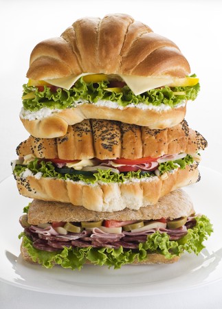 Three fresh sandwiches in stack close up shootの写真素材