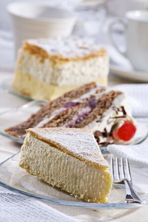 Fresh cheese cake on a plate close up shootの写真素材