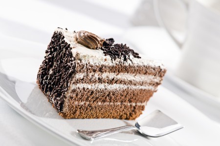 Beautiful tasty chocolate cake close up shoot の写真素材