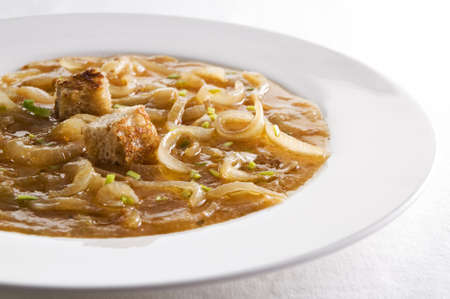 Fresh traditional french onion soup close upの写真素材