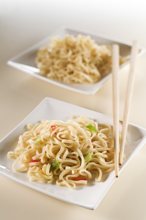 Asian noodles with vegetables close up shootの写真素材