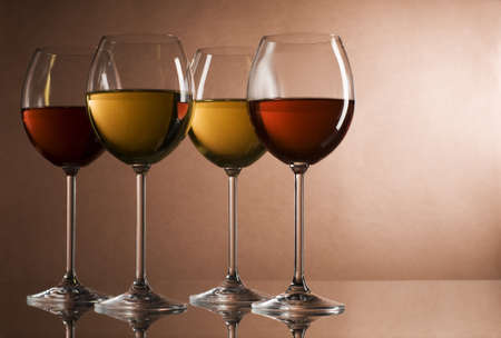 Red and white wine in glasses close upの写真素材