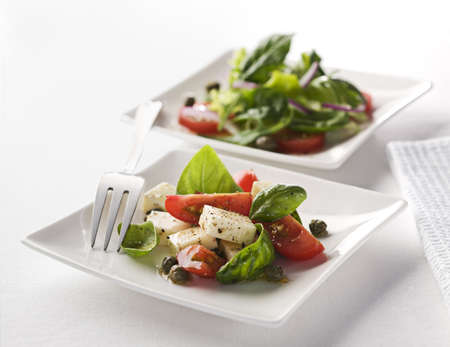 Close up of caprese salad on white plate 
の写真素材