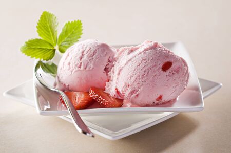 Strawberry ice cream with fruits close upの写真素材