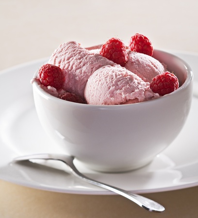 Raspberry ice cream with fruits close up shootの写真素材