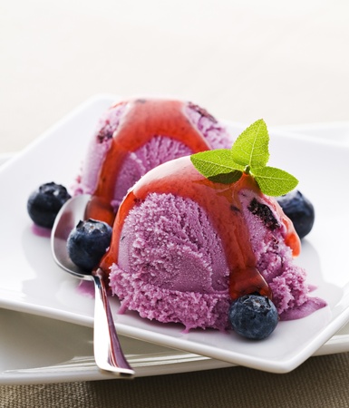 Blueberry ice cream on a plate close up shootの写真素材