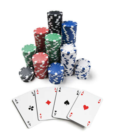 Gambling chips and spades isolated on white