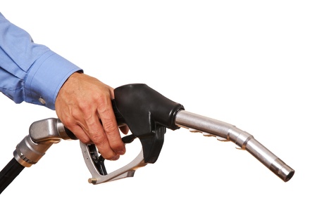 Male hand holding black pump isolated on whiteの写真素材