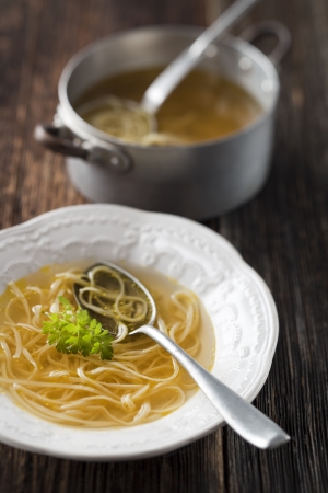 Beef stock with noodles close up shootの写真素材