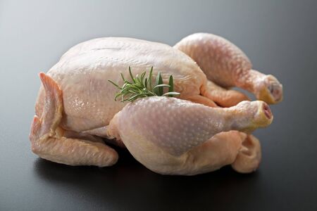 Whole raw chicken with rosemary close upの写真素材