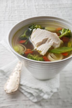 Vegetable soup with chicken meat close upの写真素材