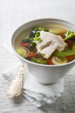 Vegetable soup with chicken meat close upの写真素材