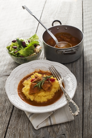 Meat served on polenta on a white plate with saladの写真素材