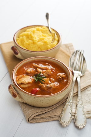 Fresh goulash with polenta close up shootの写真素材