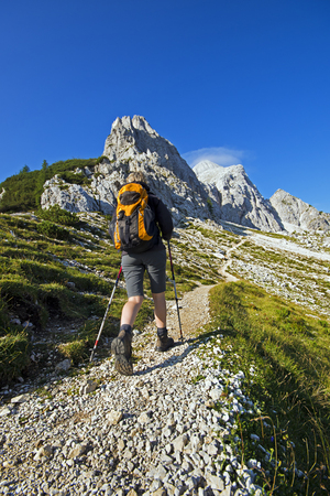 Young beautiful woman hiking in mountains with walking sticks の写真素材