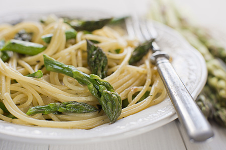 Fresh pasta with asparagus close up shootの写真素材