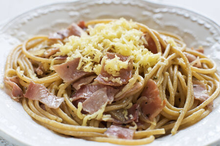 Prosciutto pasta with parmesan close up shootの写真素材