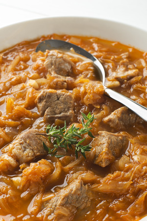 Cabbage stew with beef- goulash close up shootの写真素材