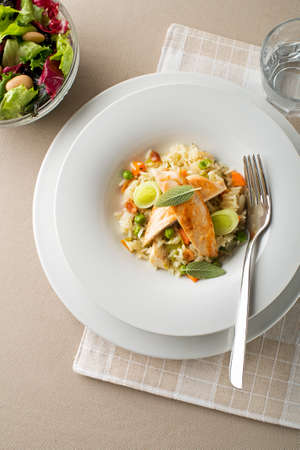Risotto with vegetable and chicken on white plateの写真素材
