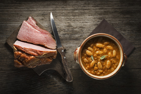 White bean stew with meat close upの写真素材