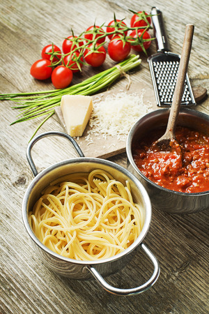 Spaghetti and bolognese sauce with parmesan cheeseの写真素材
