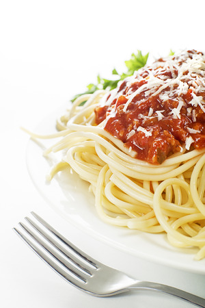 Pasta with bolognese sauce and parmesan cheeseの写真素材