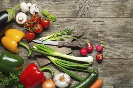 Fresh Vegetable ingredients on old wooden tableの写真素材