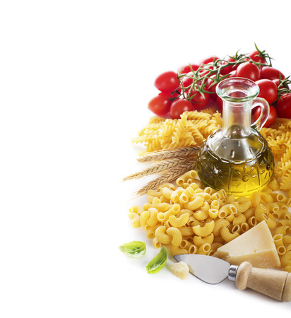 Pasta and tomatoes with parmesan on white backgroundの写真素材