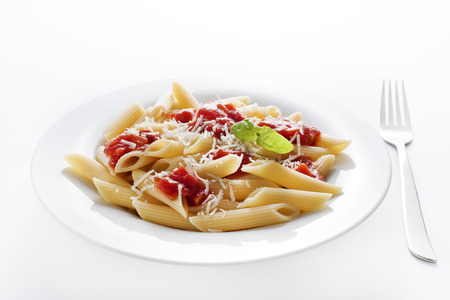 Plate of penne pasta with tomato sauce and parmesan cheeseの写真素材