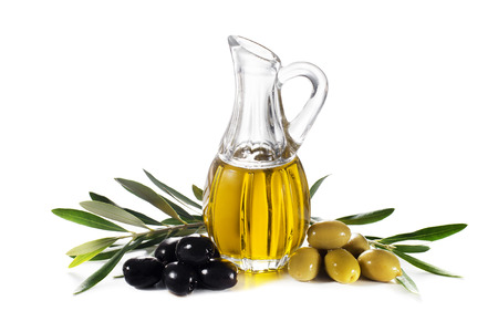 Olive oil and olive branch isolated on whiteの写真素材