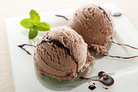 Fresh Chocolate ice cream on a plate close upの写真素材