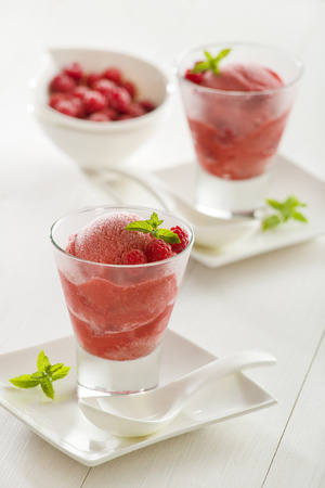 Fresh fruit sorbet ice cream in a glassの写真素材