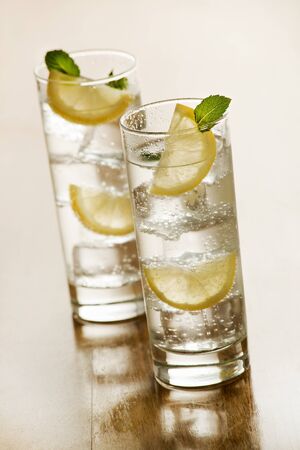 Two glasses of Fresh Mineral water with ice and lemon.の写真素材