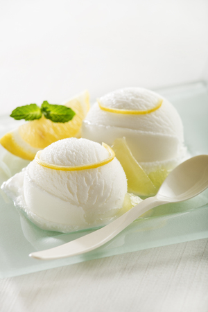 Fresh fruit sorbet ice cream in a white bowl.の写真素材