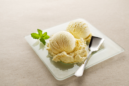 Fresh fruit sorbet ice cream in a white bowl close upの写真素材