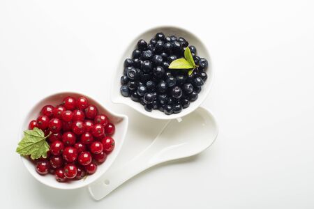Blueberries and red currant on white backgroundの写真素材