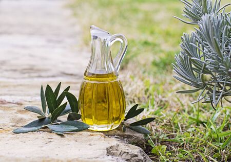 Bottle of olive oil with branch outdoor shootの写真素材