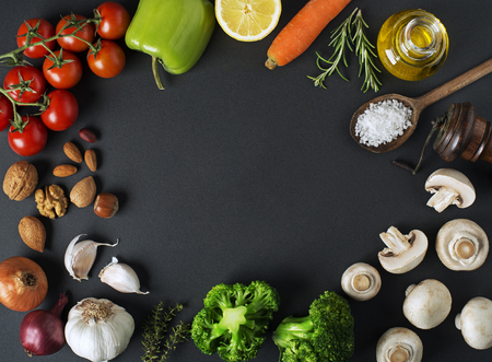 Healthy food ingredients with vegetables and fruits close upの写真素材