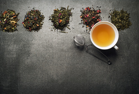Dry Tea collection of different types on gray backgroundの写真素材