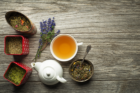 Cup of tea with dry tea collection of different typesの写真素材