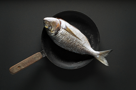 Delicious fresh fish on dark vintage background. Healthy food, diet or cooking conceptの写真素材