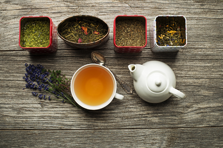 Cup of tea with dry tea collection of different typesの写真素材