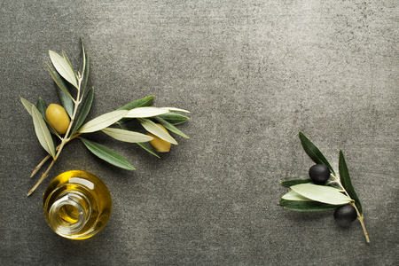 Olive oil and olive branch on gray backgroundの写真素材